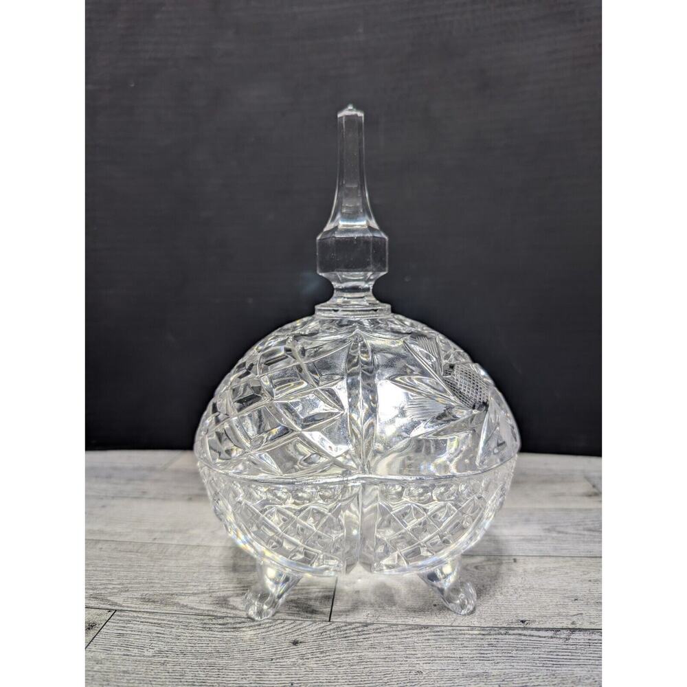 Lead Crystal Cut Etched Square Lidded 4 Toes Candy Dish Germany EXCELLENT USED